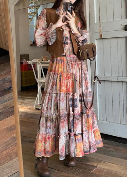 Brown Faux Suede Waistcoat and Ruffled Dress Two-piece Set Spring