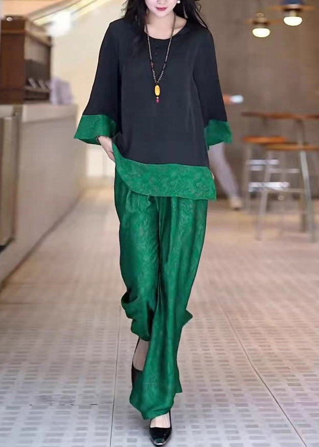 Loose Black O Neck Tops and Green Pants Patchwork Silk Two Pieces Set Fall