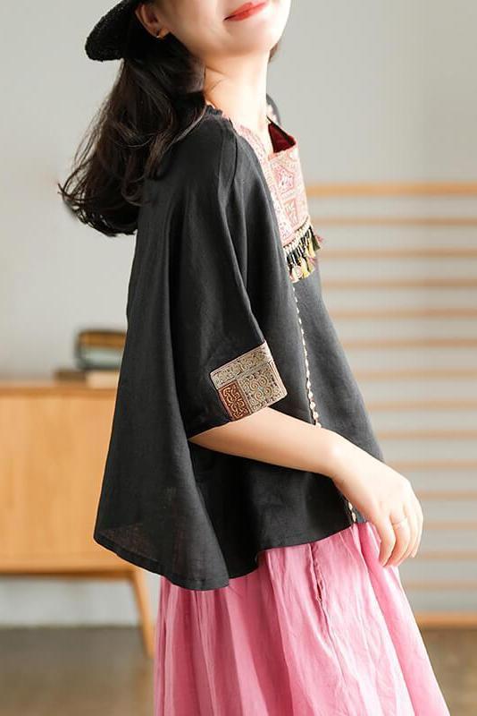 Embroidered Tasseled Split Linen T-shirt