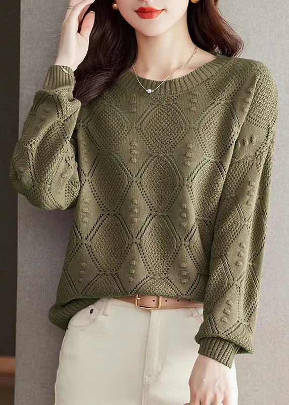 Brick Red O Neck Hollow Out Knitted Tops Fall