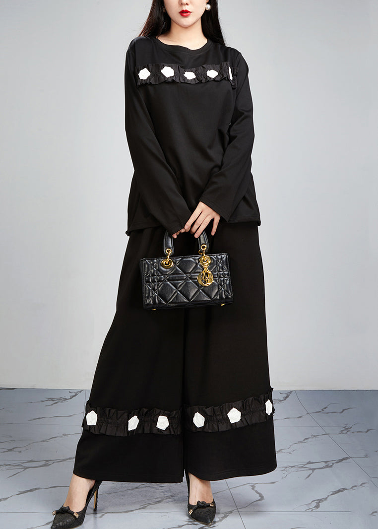 Loose Black Pockets Tops and Wide Leg Pants Cotton Two-piece Set Fall