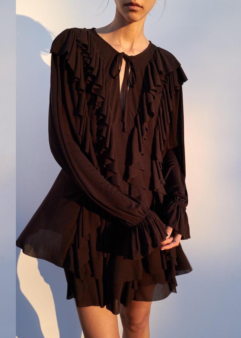 Chocolate Ruffled Lace Up Cotton Mini Dress Butterfly Sleeve