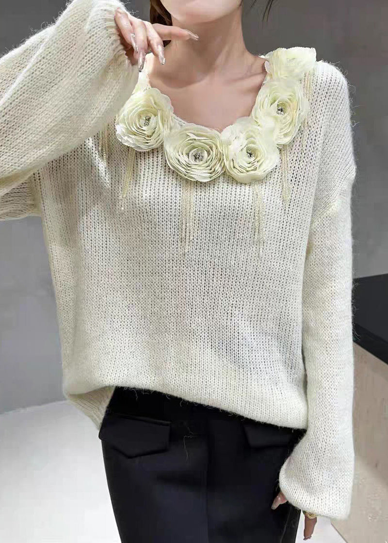 Beige V Neck Nail Bead Cozy Knit Sweater