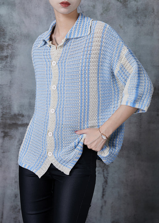 Handmade Blue Oversized Print Knit Shirt Summer