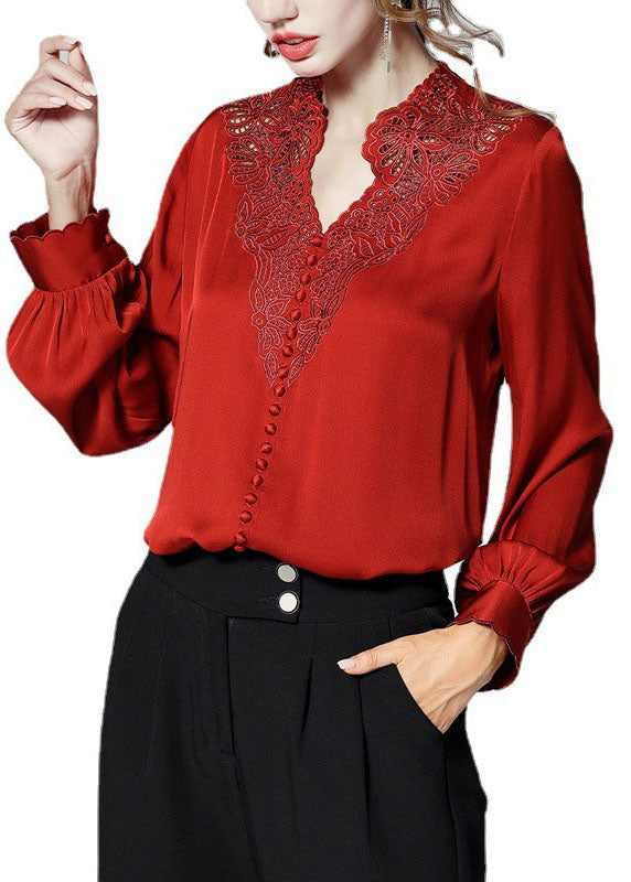 Red V Neck Button Embroideried Patchwork Silk Shirt Top Spring