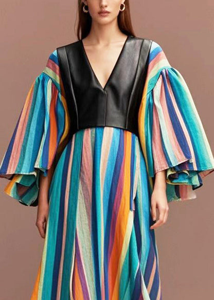 Rainbow Striped Patchwork Pu Cotton Maxi Dresses Flare Sleeve