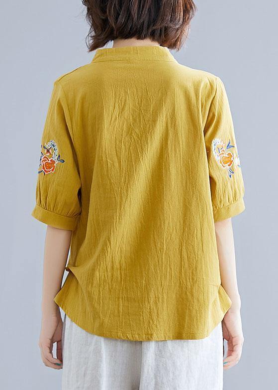 Yellow Embroidery Linen Cotton Blouse Sewing V Neck Summer Top