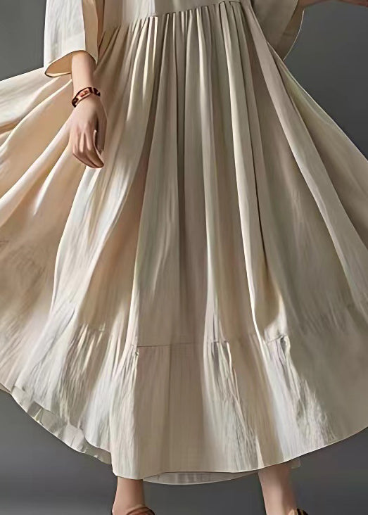 Art Beige Wrinkled Cotton Long Dresses Bracelet Sleeve