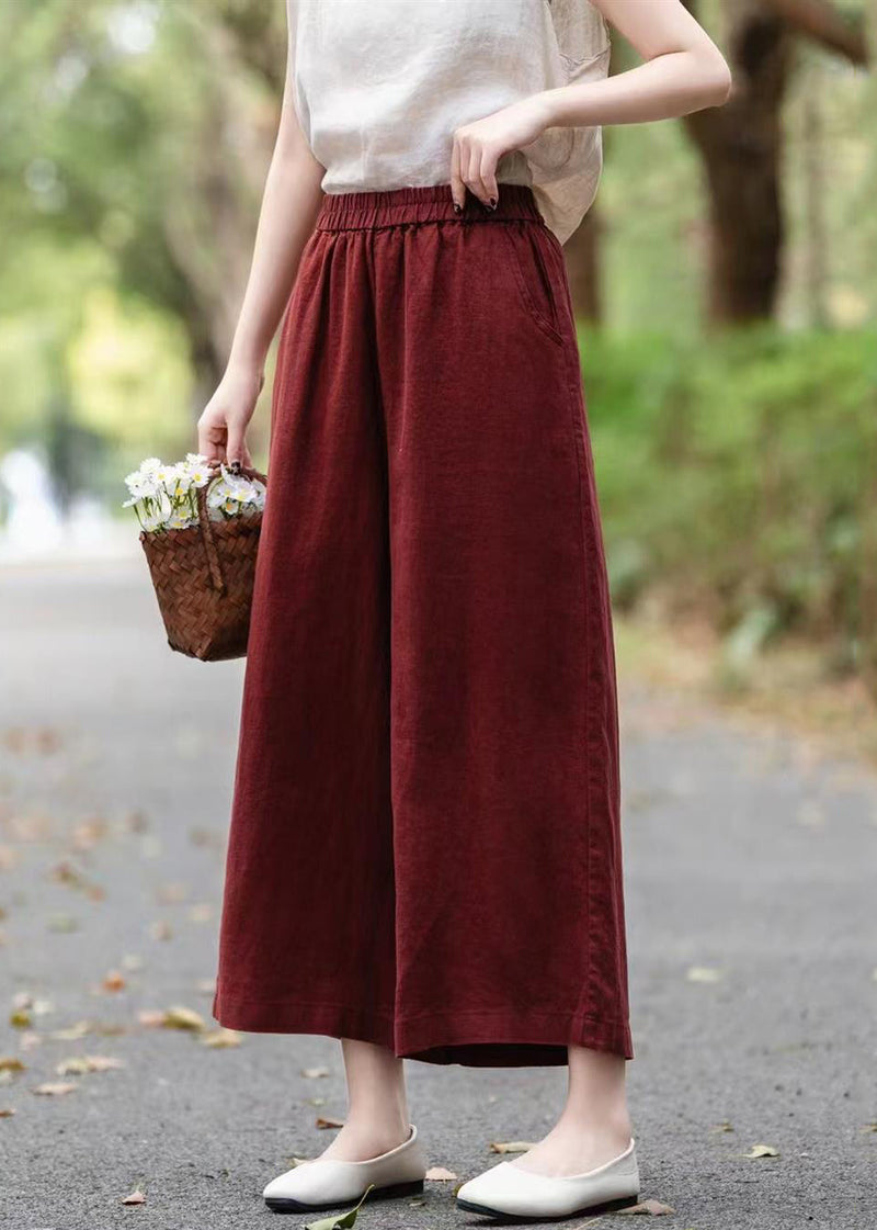 Wine Red Linen Summer Crop Pants Elastic Waist