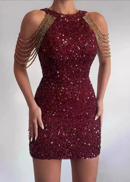 New Pink Neck Hanging Crystal Chain Sequin Dress