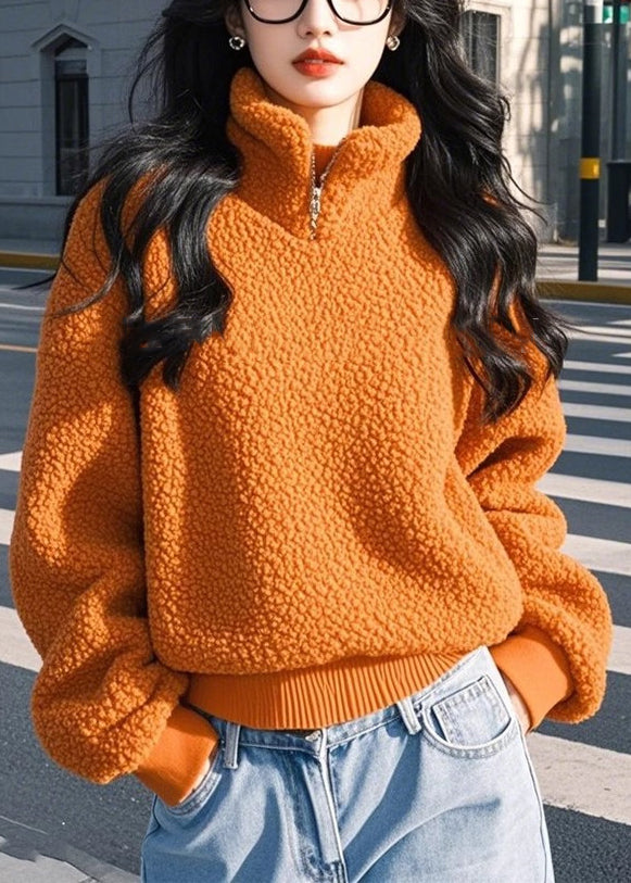 Orange Stand Collar Zip Up Fluffy Sweatshirt Winter
