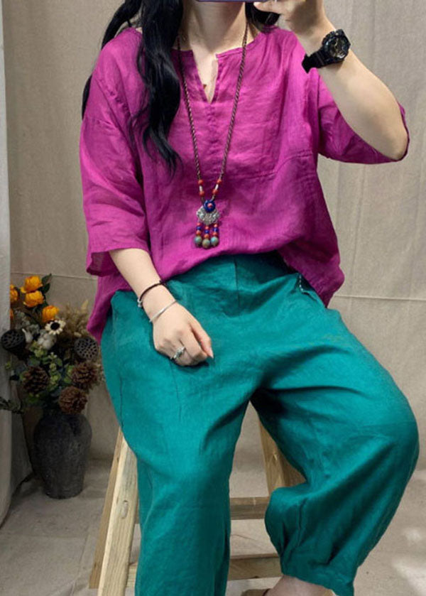 Purple V Neck Patchwork Linen Tops Short Sleeve