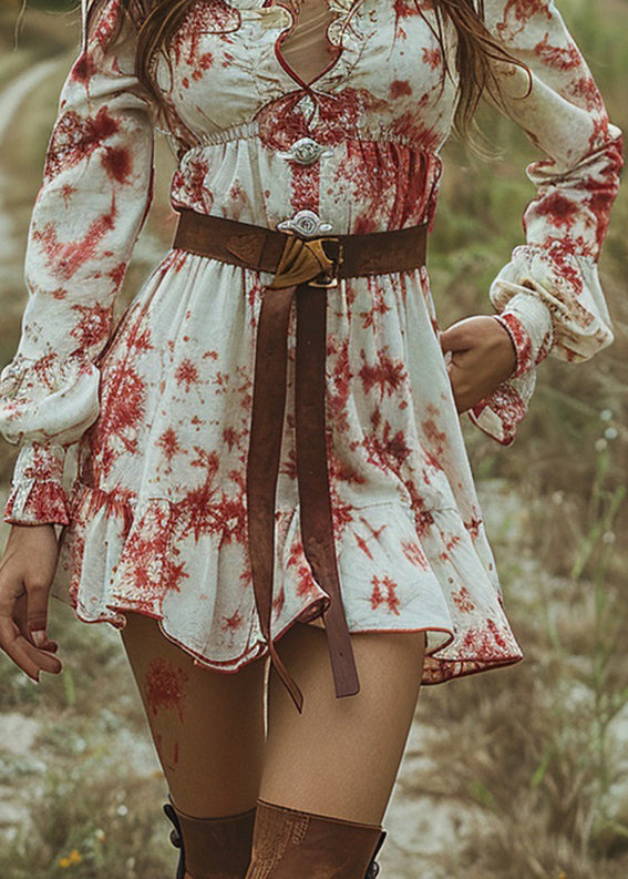 V Neck Ruffled Tie Dye Pastoral Style Mini Dress Long Sleeve