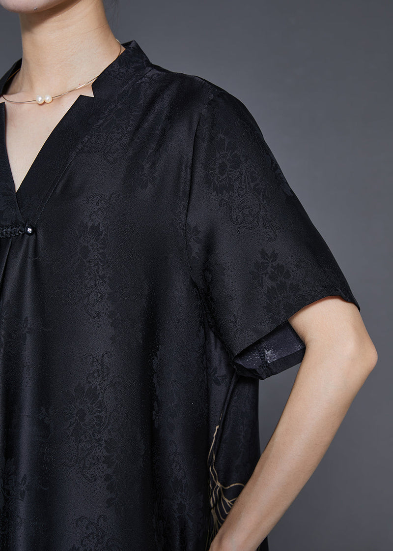 Black Tasseled Print Silk Dresses Summer