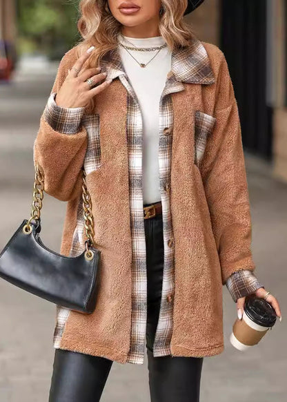 Unique Khaki Peter Pan Collar Pockets Patchwork Fuzzy Fur Fluffy Coat Fall