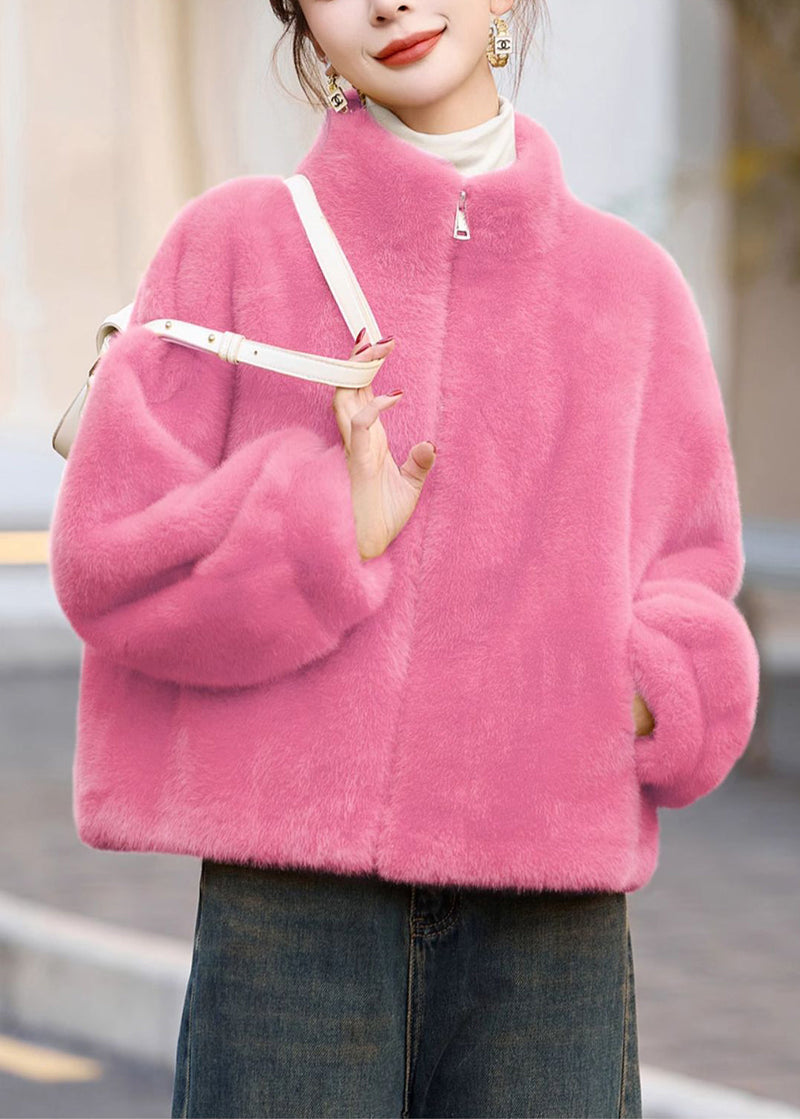 Yellow Stand Collar Zip Up Faux Fur Short Coats Winter
