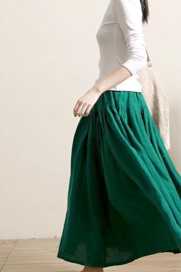 Summer Green and Purple Loose Linen Skirt for