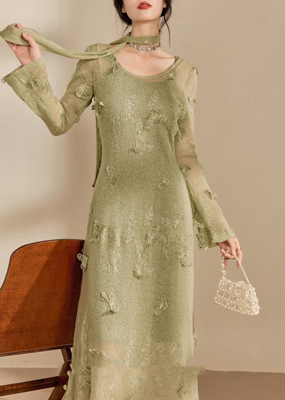 Stylish Light Green O-neck Butterfly Knit Long Dress Fall
