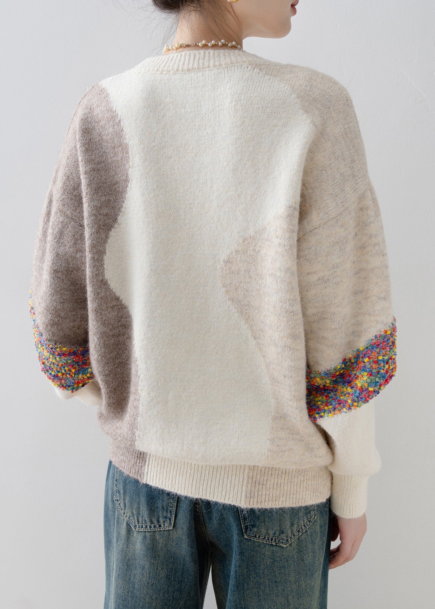 White O Neck Sequins Patchwork Knit Sweaters Spring