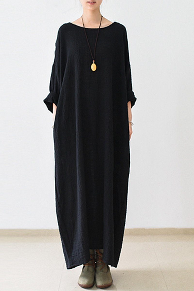 Fall Thin Black Linen Dresses Long Sleeve Linen Caftans Gown