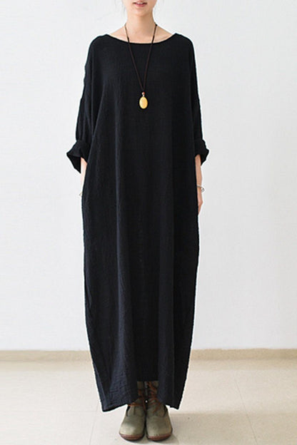 Fall Thin Black Linen Dresses Long Sleeve Linen Caftans Gown