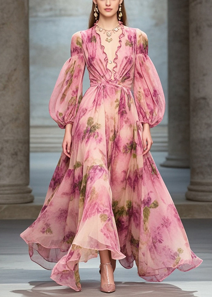 Rose Ruffled Print Exra Large Hem Chiffon Party Dresses Fall