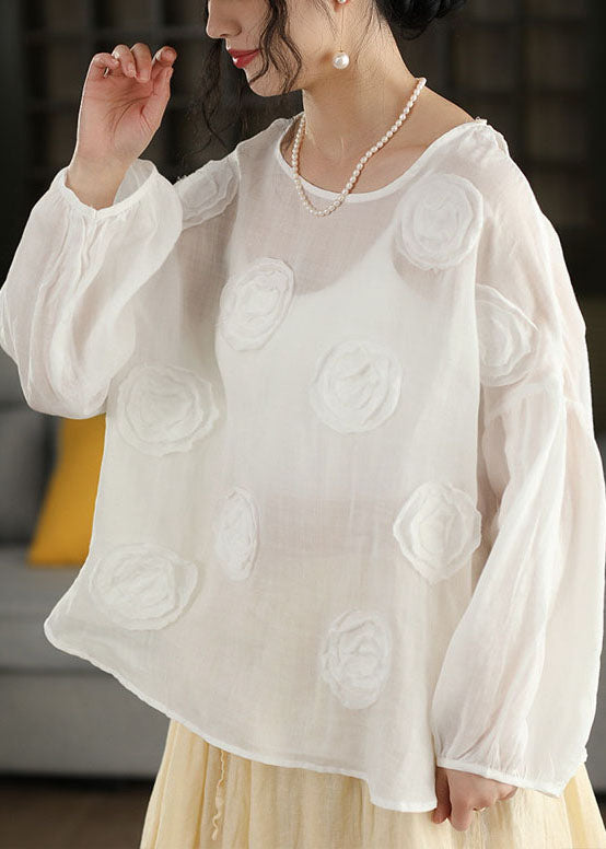 Organic Pink O Neck Linen Shirt Lantern Sleeve
