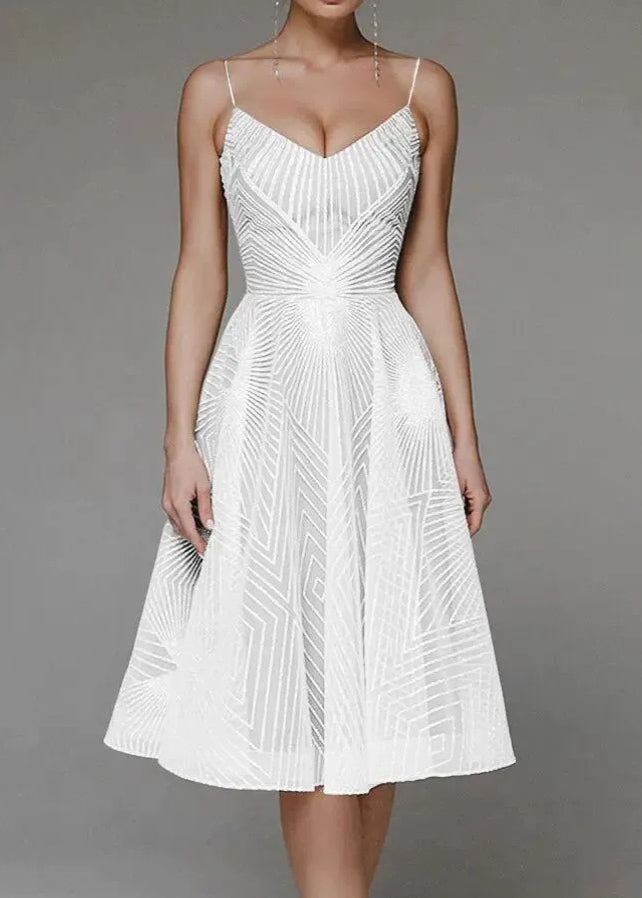 Art Beige Embroidered Spaghetti Strap Dress Summer
