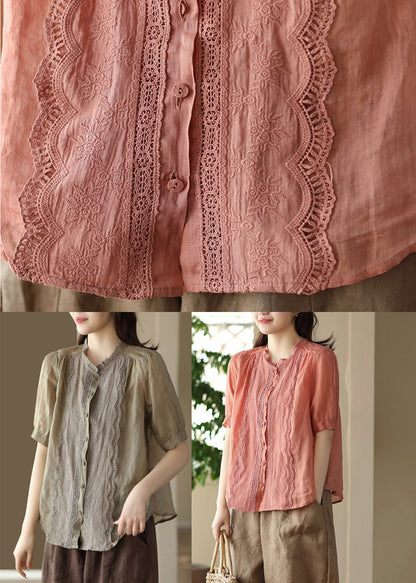 Khaki O-neck Embroidered Ramie Shirt Summer