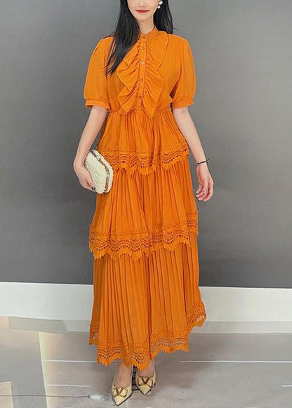 Orange Button Wrinkled Long Dress Summer
