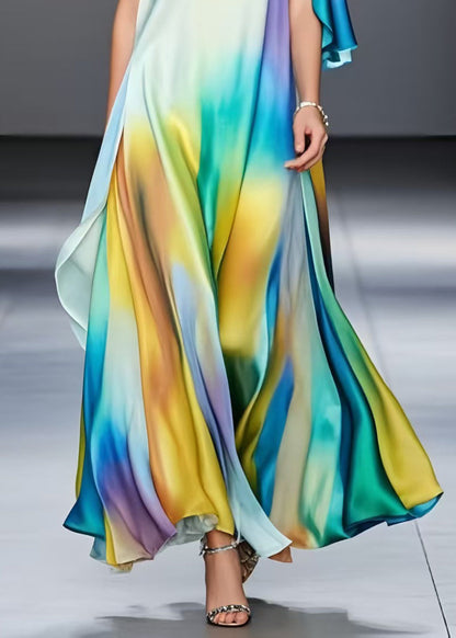 Classy Rainbow Asymmetrical Tie Dye Silk Robe Dresses Summer