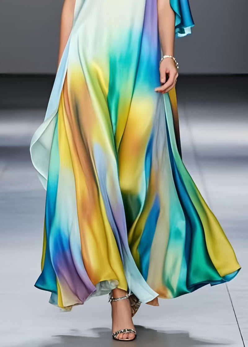 Classy Rainbow Asymmetrical Tie Dye Silk Robe Dresses Summer