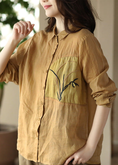 Handmade Peter Pan Collar Embroidered Button Ramie Shirts Long Sleeve