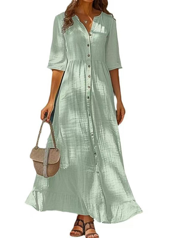 Simple Green Button Cotton Shirts Dresses Half Sleeve