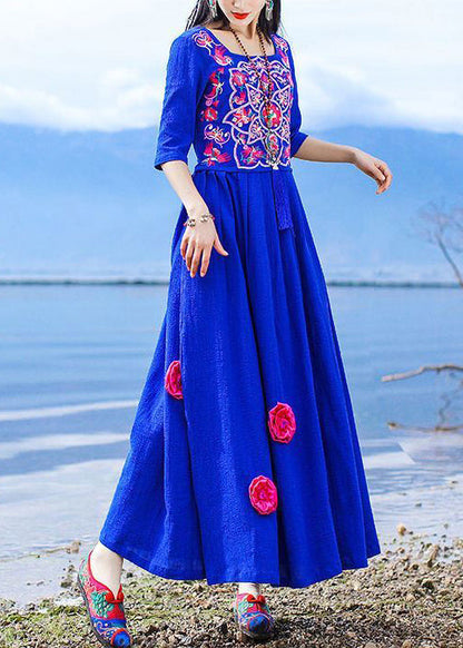 Blue Embroidered Tie Waist Cotton Long Dress Half Sleeve