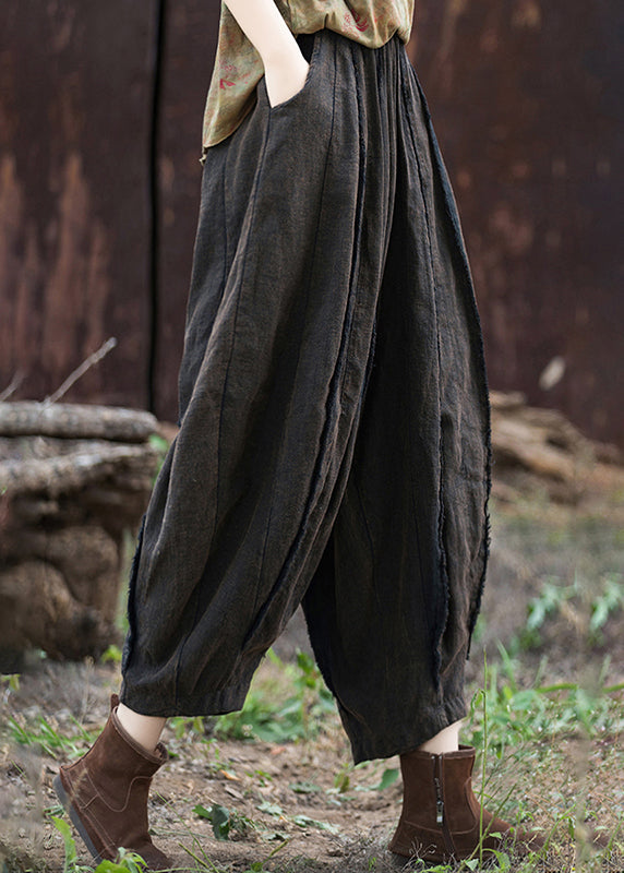Coffee Pockets Patchwork Linen Crop Pants Summer
