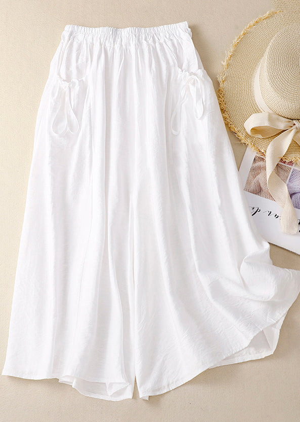 White Elastic Waist Pockets Cotton Wide Leg Pants Summer