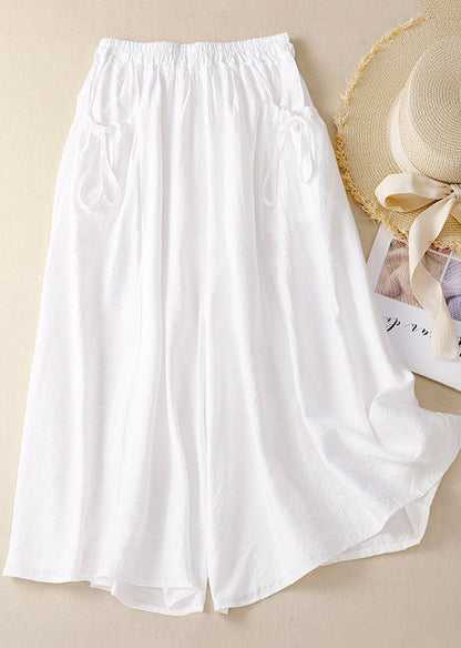 White Elastic Waist Pockets Cotton Wide Leg Pants Summer