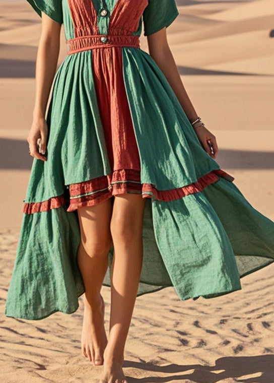 Green Asymmetrical Patchwork Cotton Vacation Dresses Summer