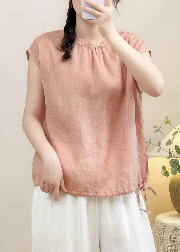 Purple Lace Up Linen Summer Shirts O Neck