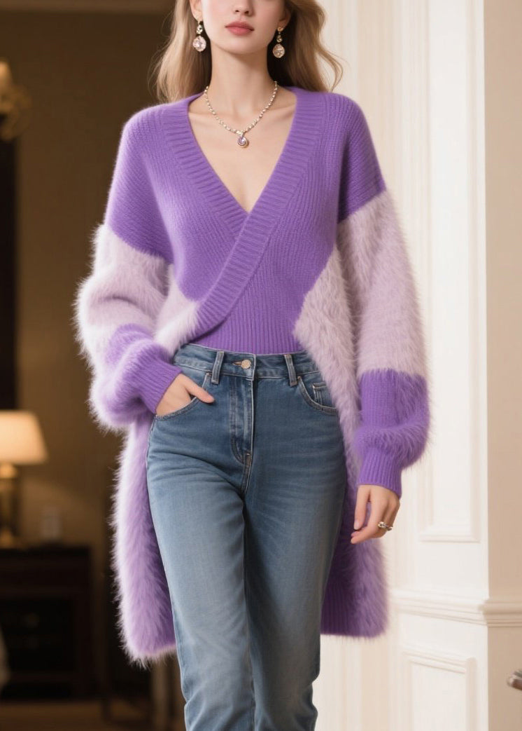 Purple V Neck Patchwork Faux Fur Long Sweater Winter