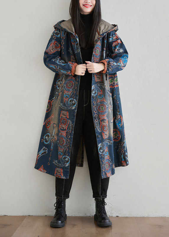Navy Hooded Patchwork Print Denim Cardigan Spring