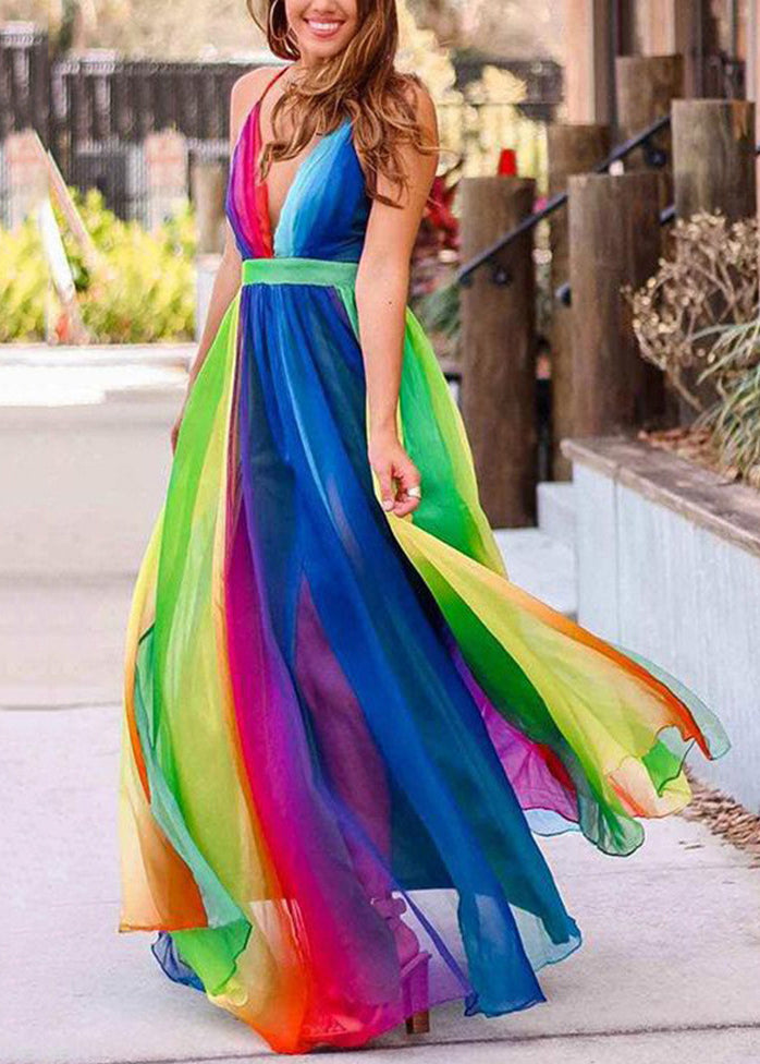 Rainbow V Neck Backless Chiffon Spaghetti Strap Dress Sleeveless
