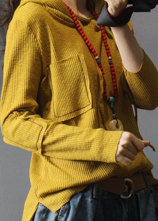 Natural Yellow Hooded Knit Fall Long Sleeve Top