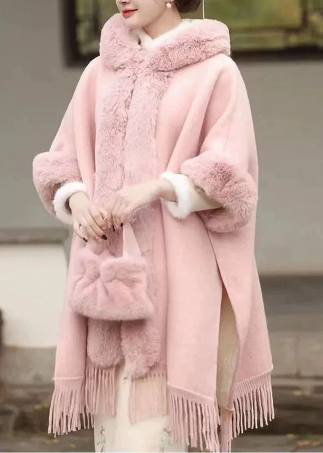 Pink Fur Collar Tassel Hooded Woolen Coat Fall