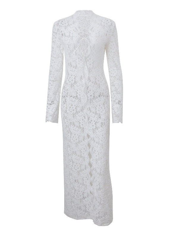 Stylish White Lace Up Front Open Lace Dress Flare Sleeve