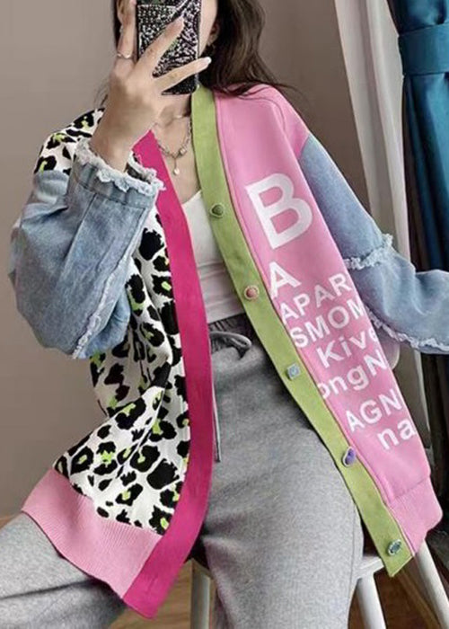 Pink V Neck Print Denim Patchwork Knit Cardigan Spring