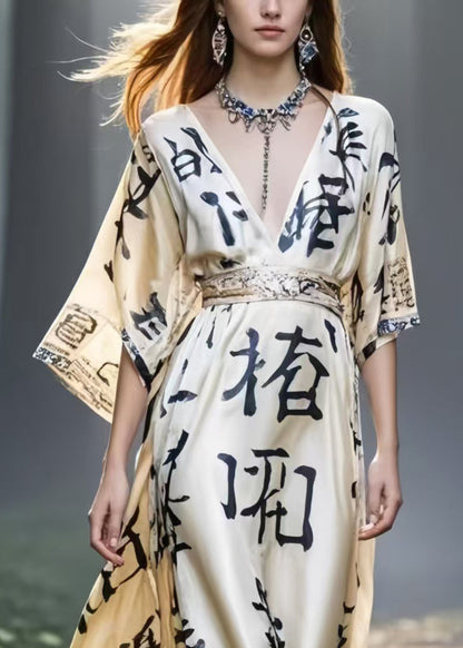 Khaki Cinched Print Silk Maxi Dresses Summer