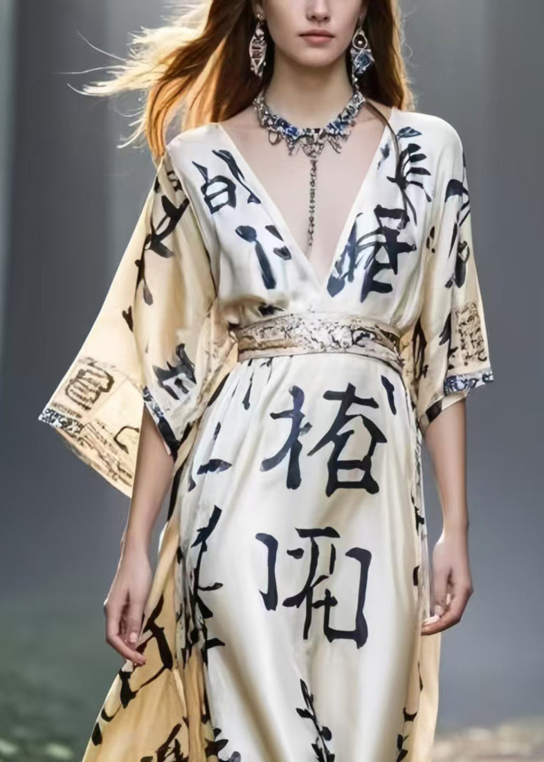 Khaki Cinched Print Silk Maxi Dresses Summer