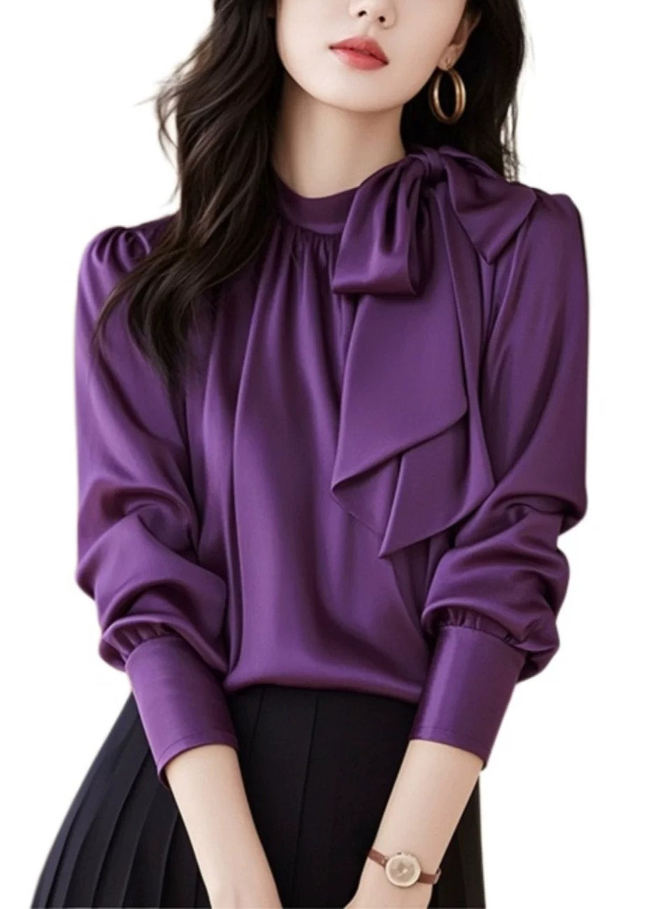 Slim Fit Purple Lace Up Silk Blouses Fall